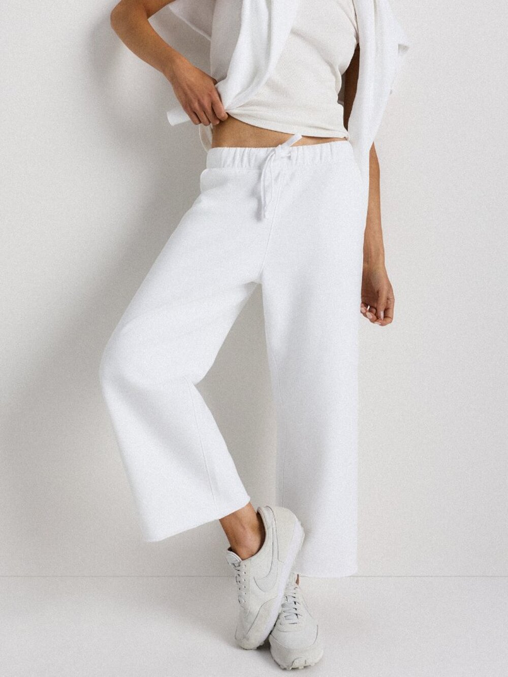 French Terry Cropped Wide Leg Pants in White